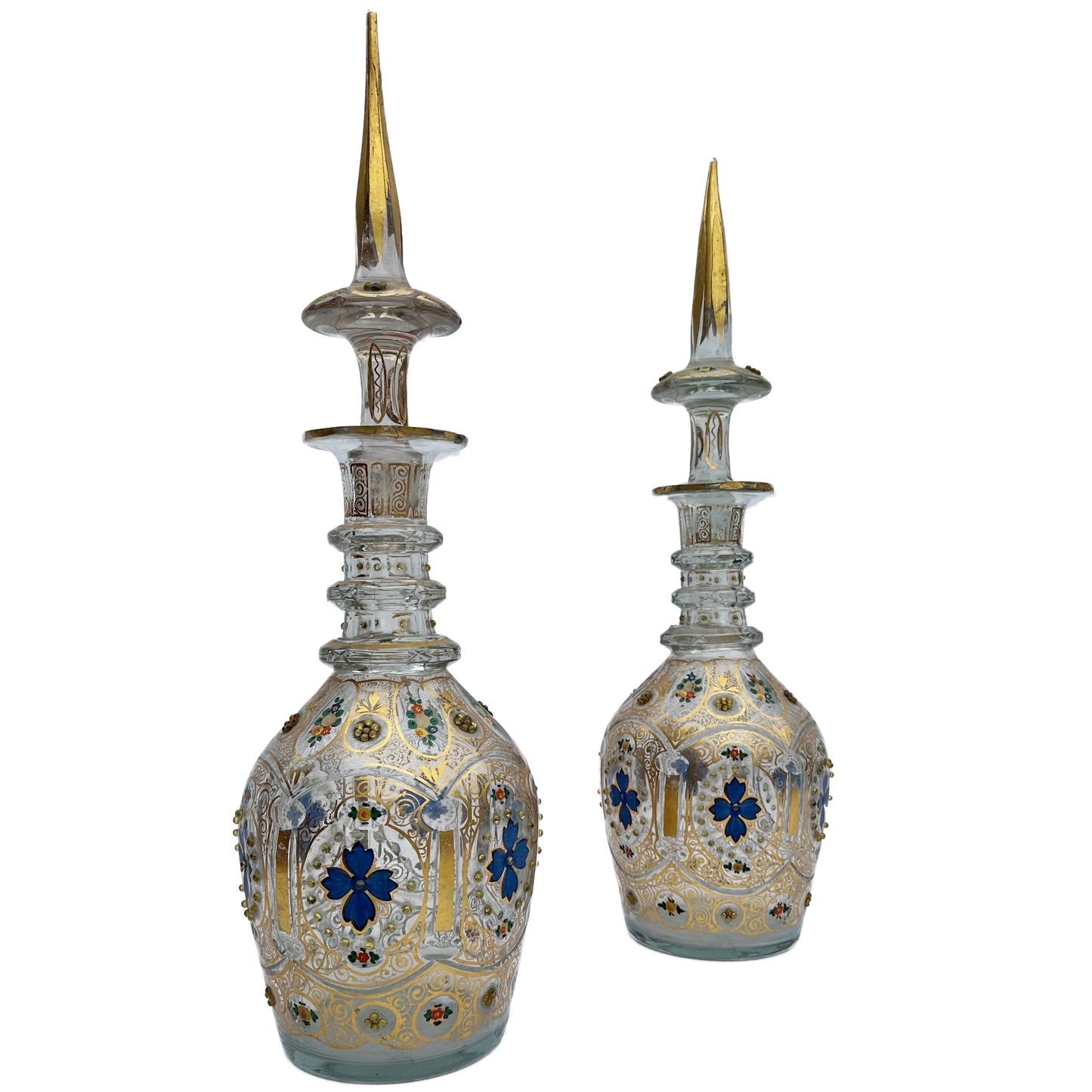 Pair of Late 19th Century Bohemian Gilt and Enameled White Overlay Glass Decanters